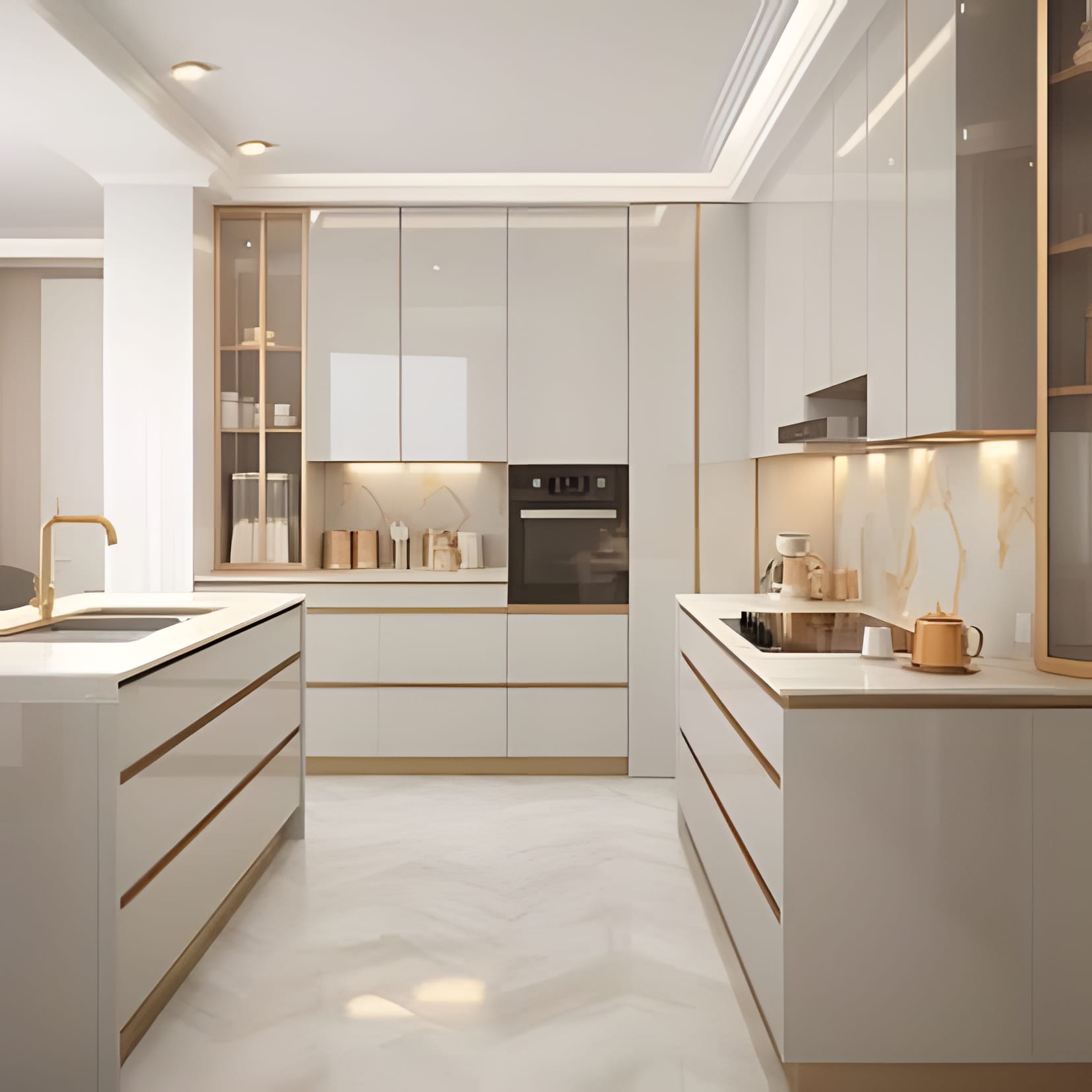 White gloss cabinetry trimmed in gold, wrapped in a U around the cook.