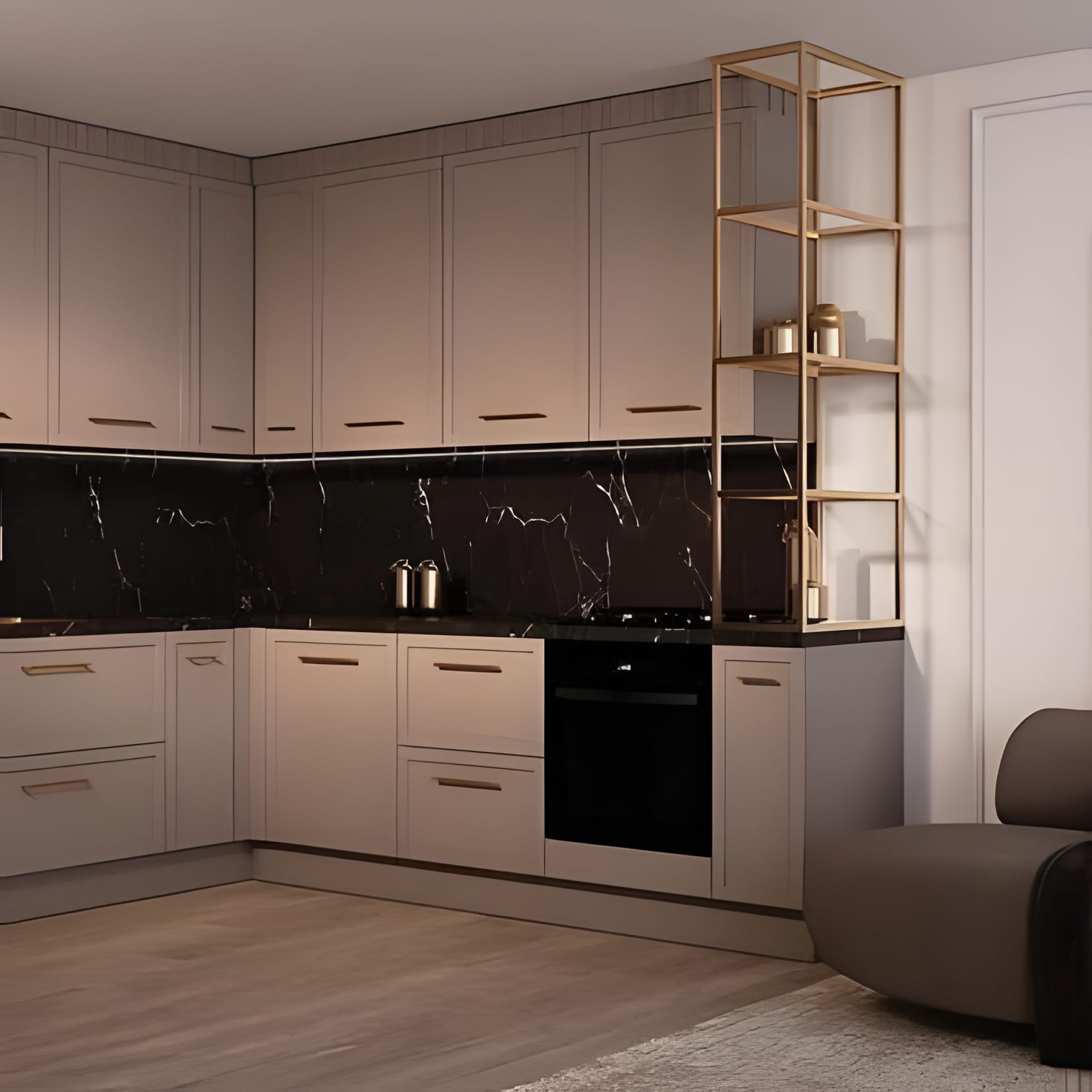 Greige shaker cabinetry against a black marble backsplash, a brass shelf tower to one side.