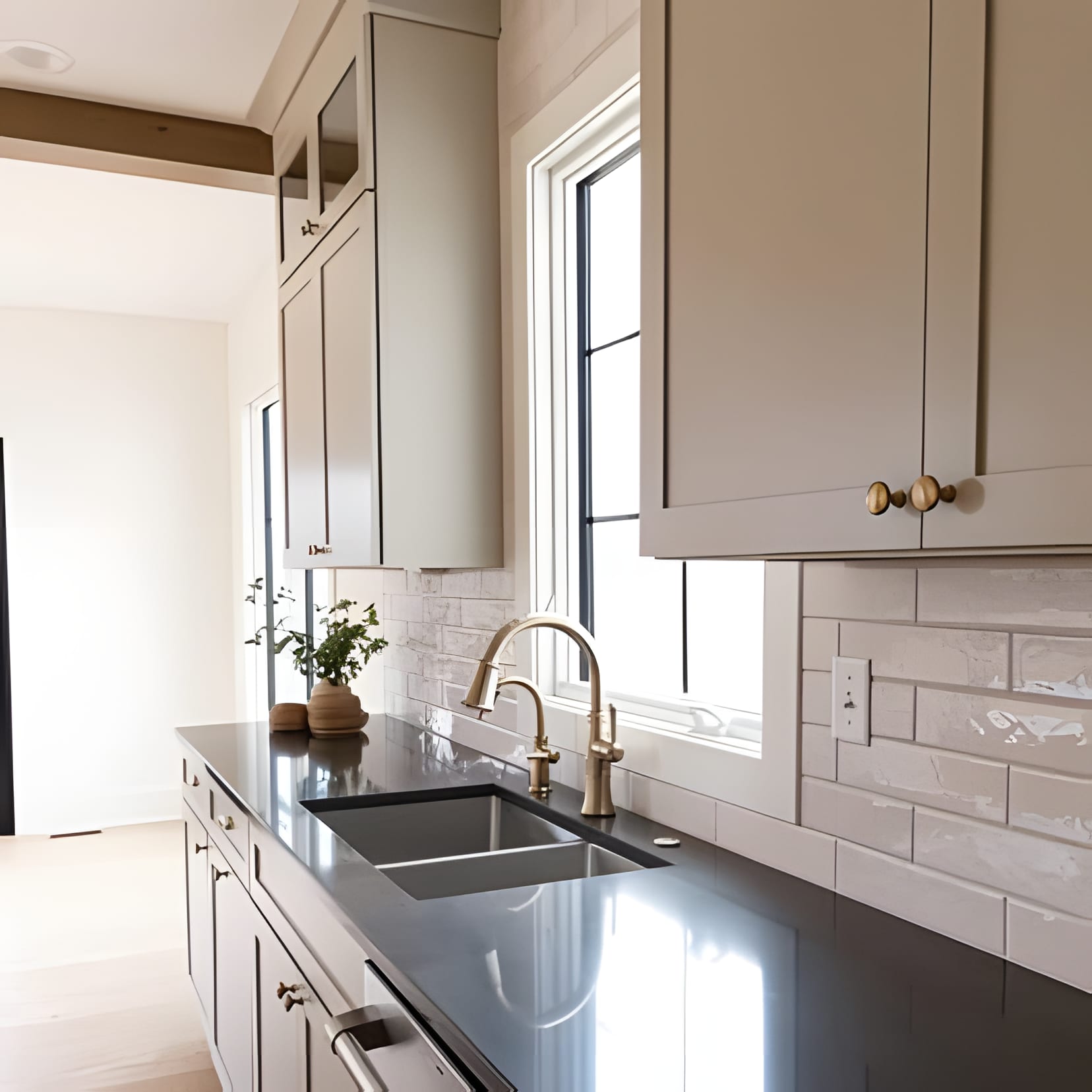 Cream cabinetry with a black granite counter and subway tile — a neighbourhood bistro at home.