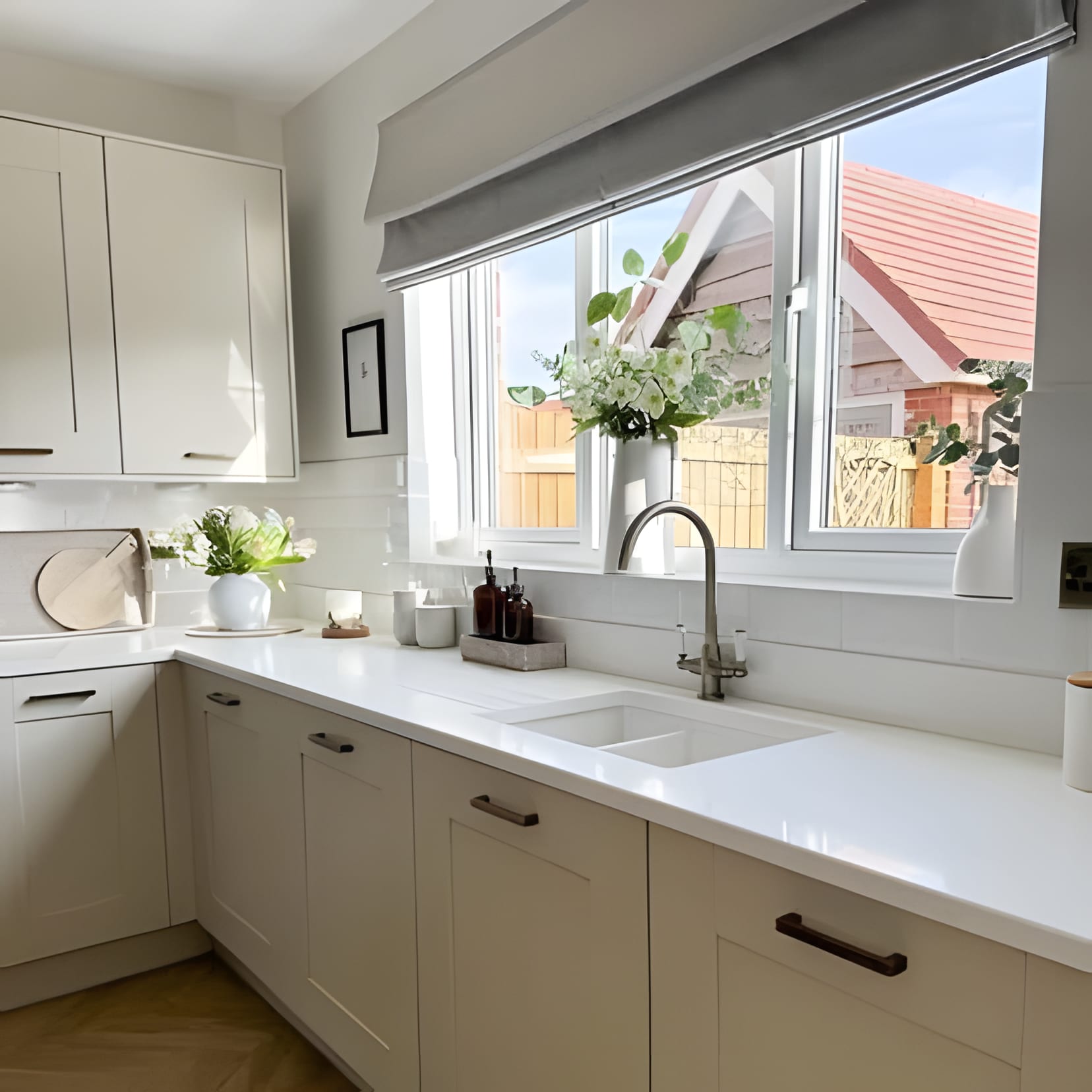 A cream country kitchen wrapped around a wide window with the garden and rooftops beyond.
