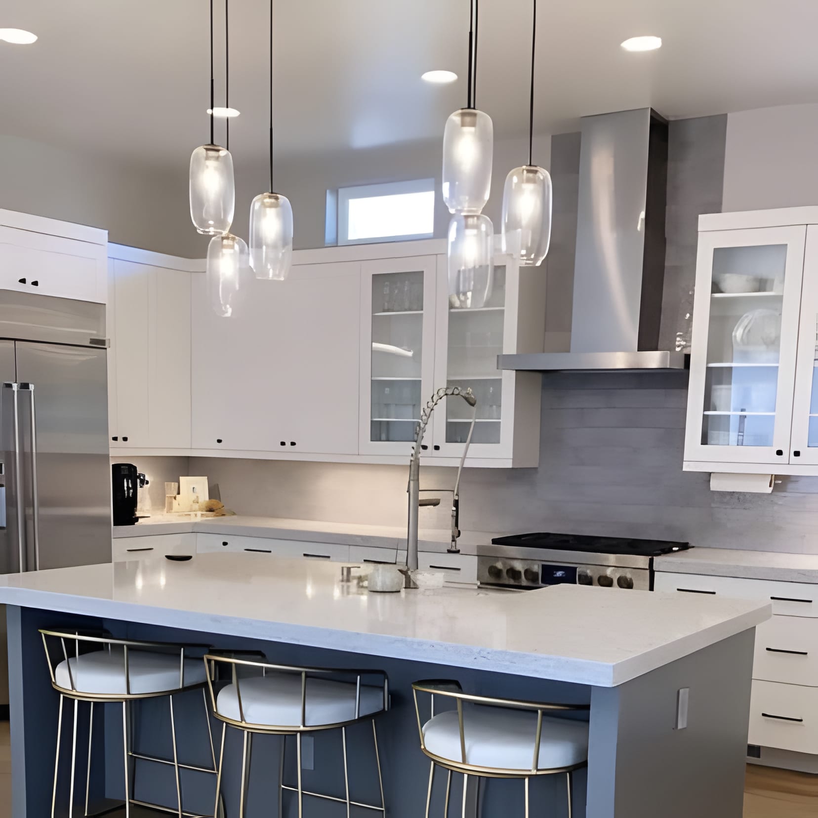 A white kitchen with a denim-blue island, glass pendants, and a steel hood.