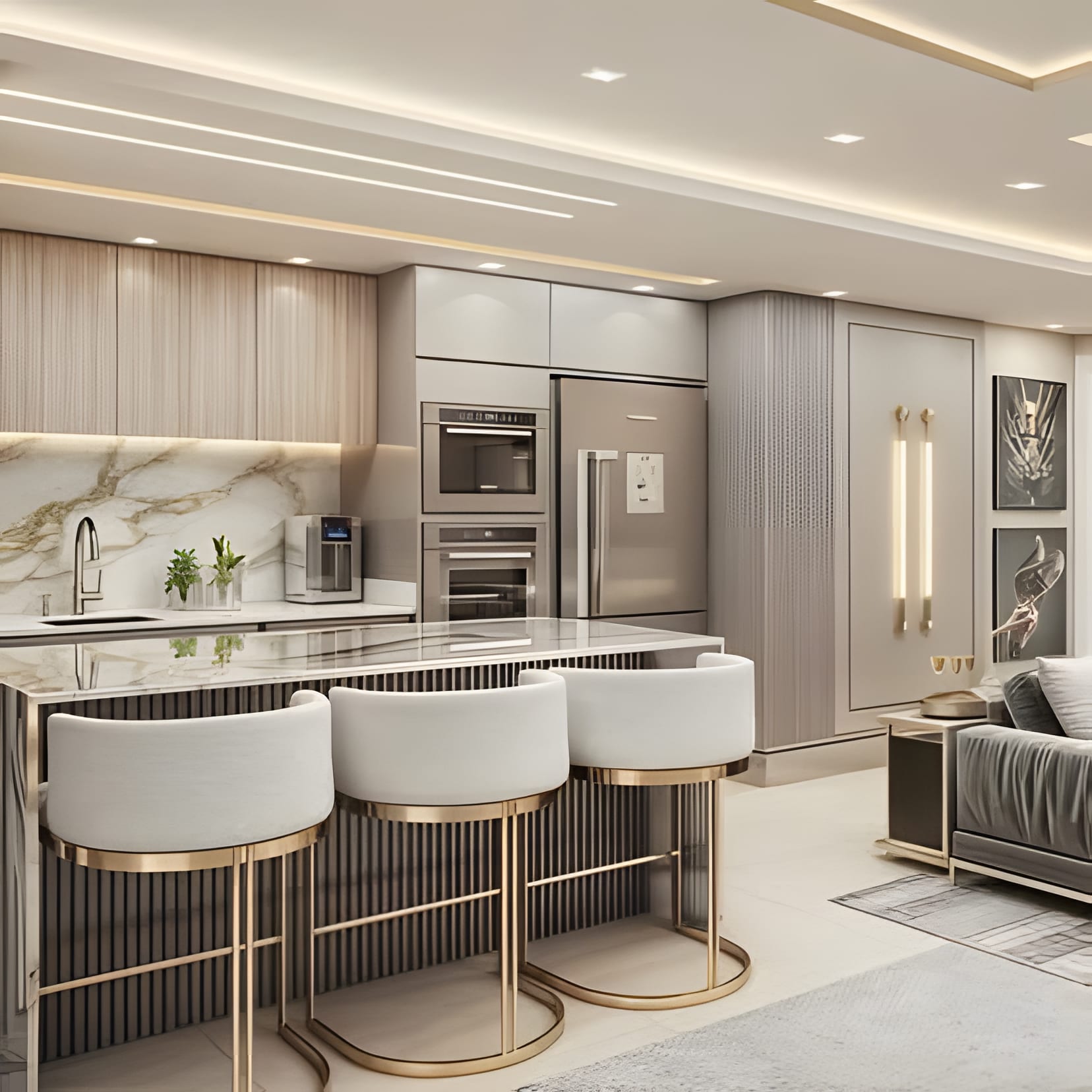 A glamorous greige kitchen with a fluted island and white-and-gold swivel stools.
