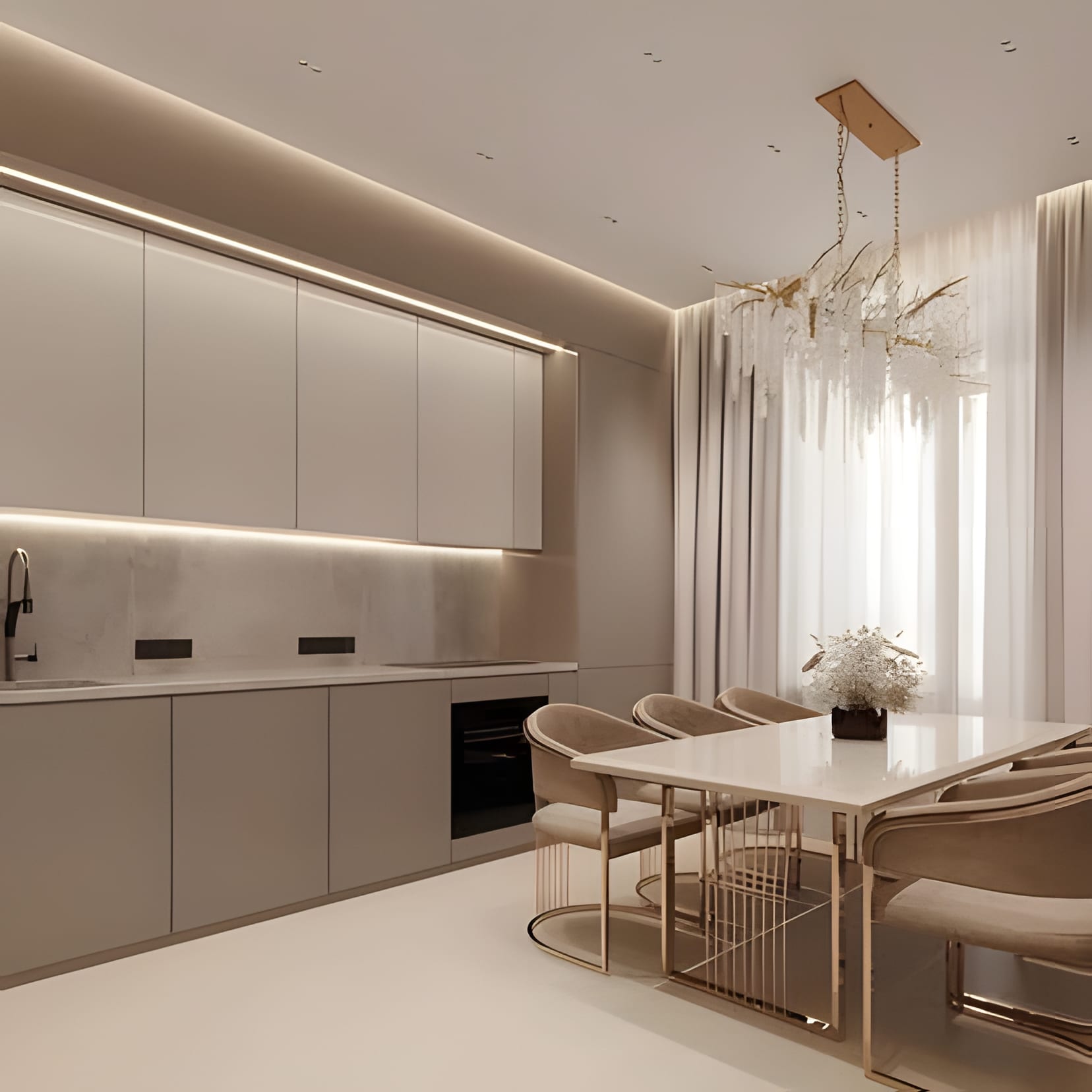 A cream dining corner with a brass pendant cluster and upholstered banquette seating.