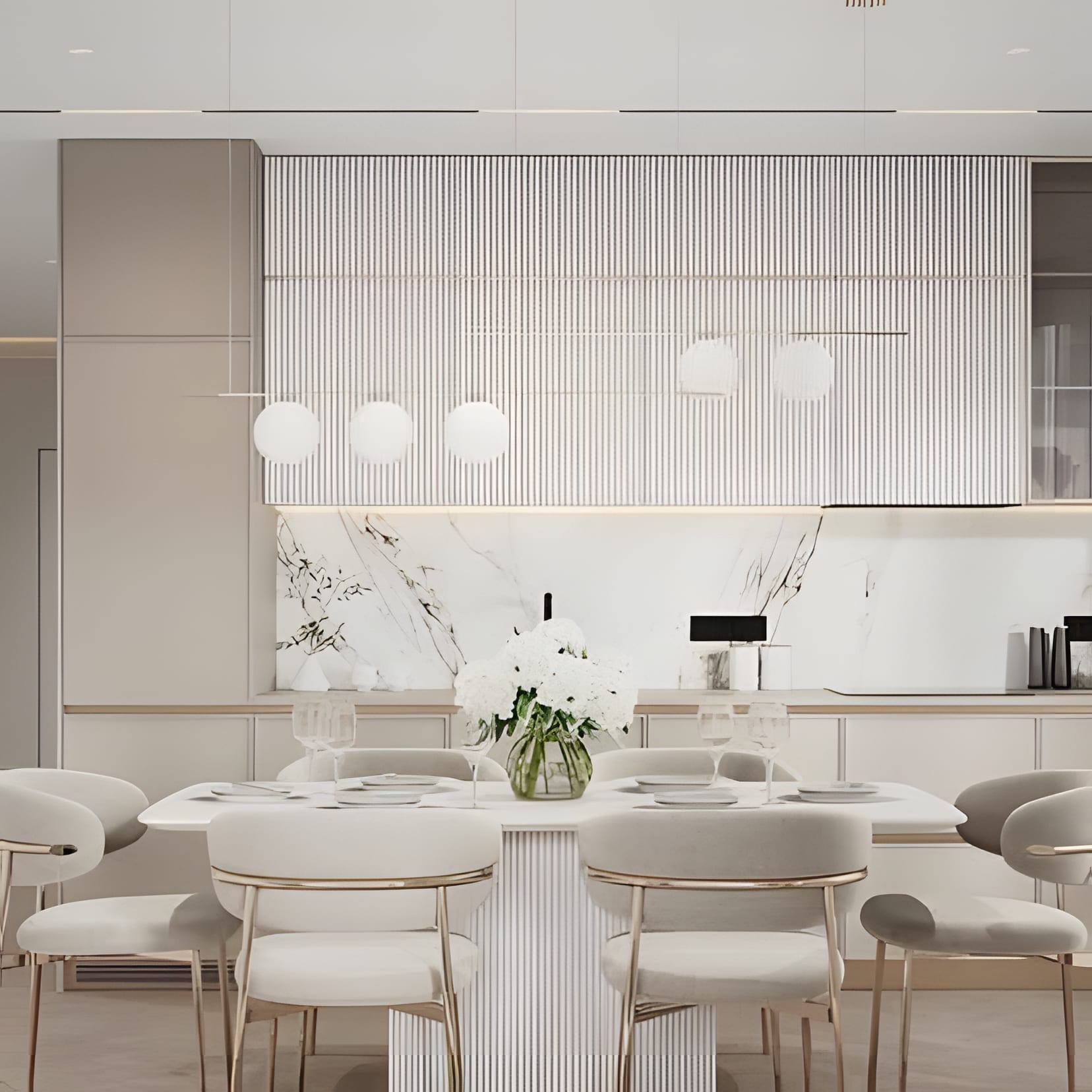 A fluted white feature wall with globe pendants over a pale dining table.