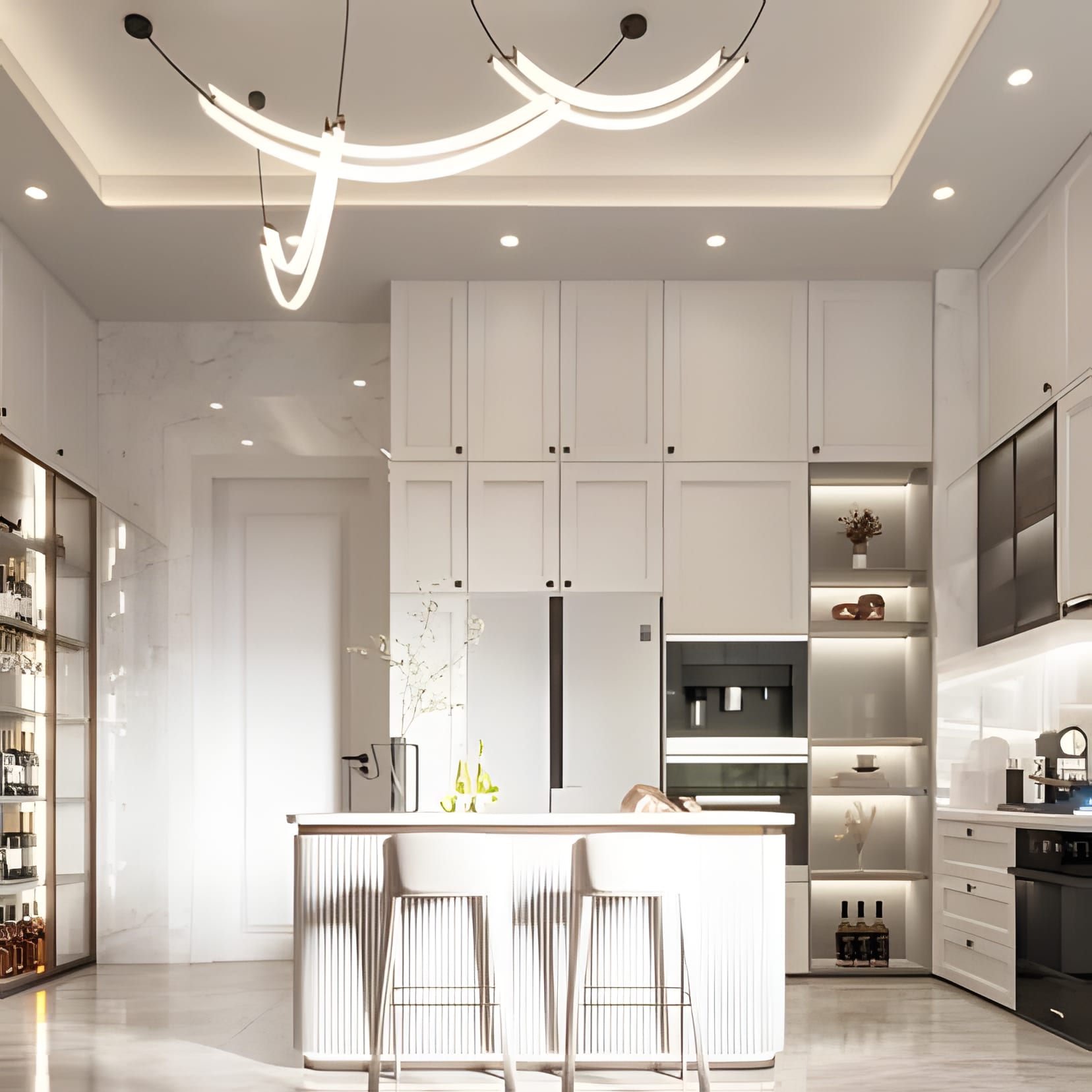 A white kitchen crowned by a curving ribbon of light, island stools beneath it.