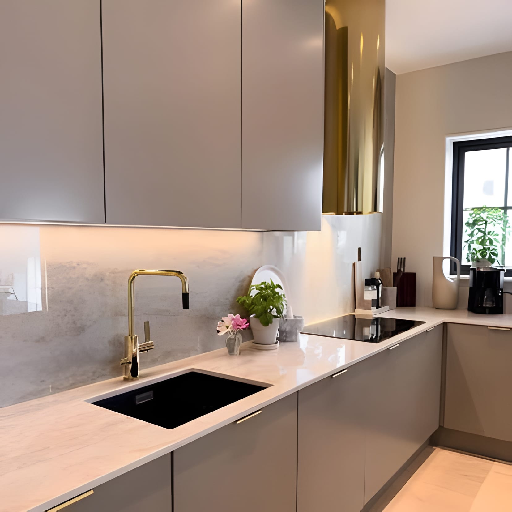 A taupe gloss galley with a gold tap and a stem of blossom by the sink.