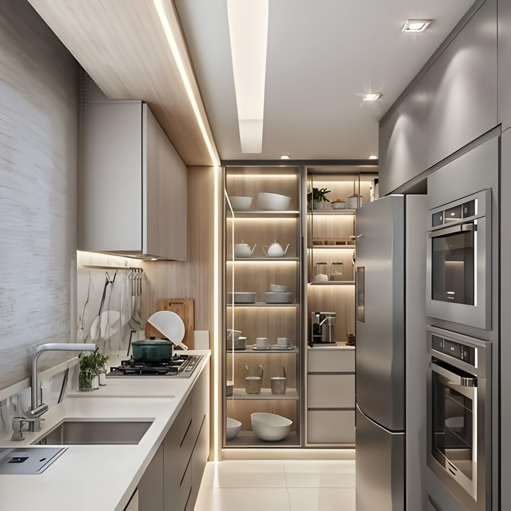 A grey kitchen with a warm-lit crockery cabinet and double steel ovens.