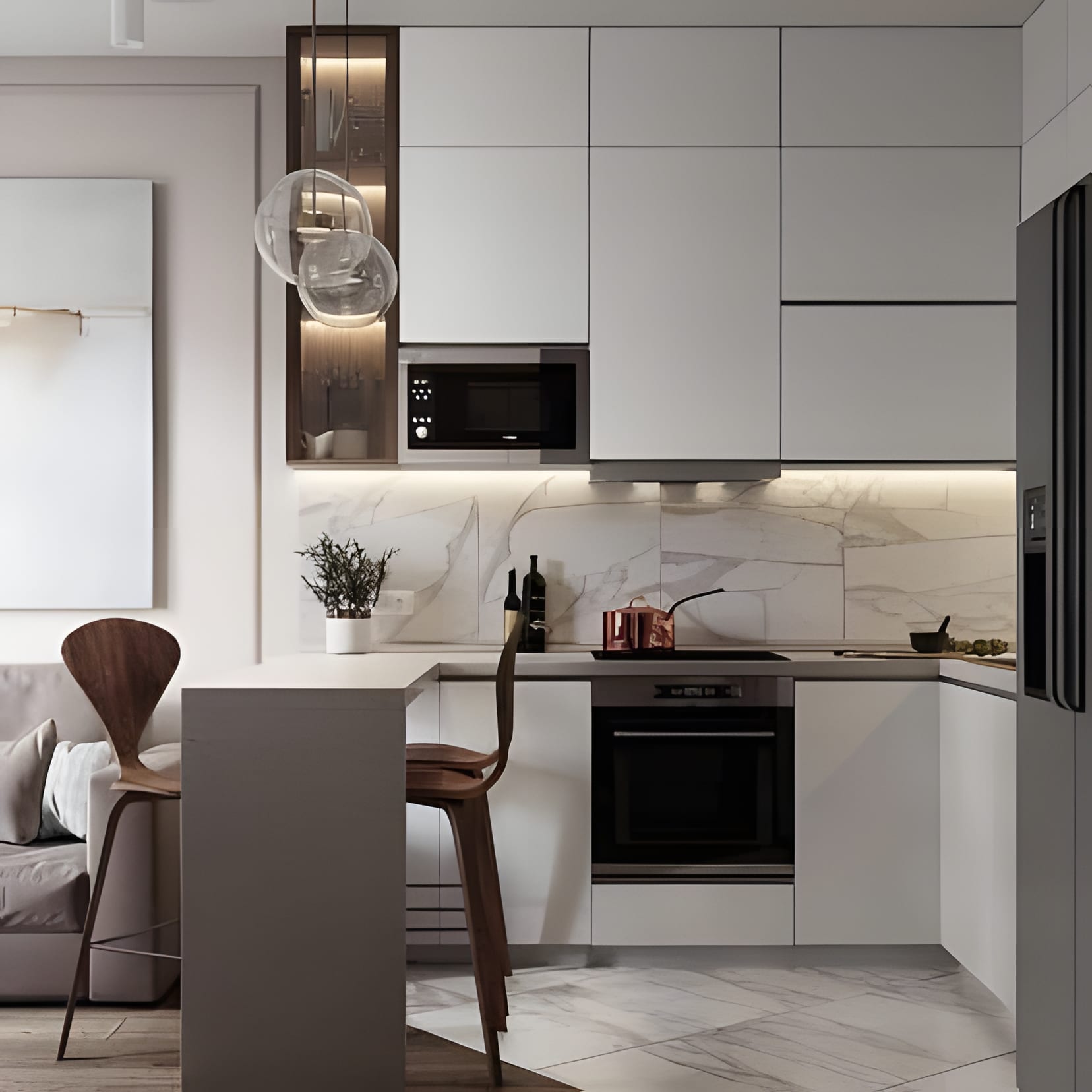 A compact white-and-wood kitchen with a single chair nook — small, warm, enough.