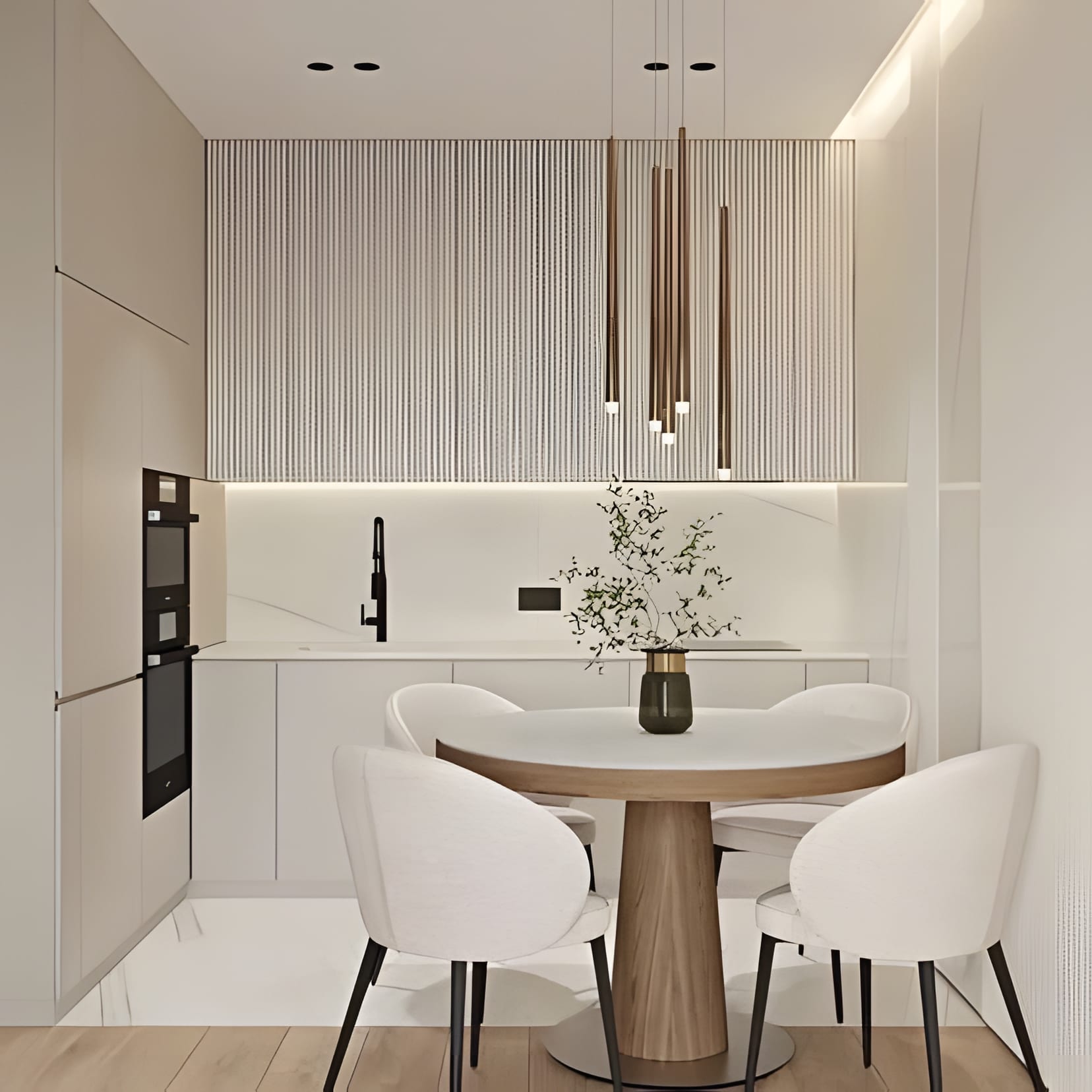 A cream nook with a round wood table, white chairs, and slim tube pendants.