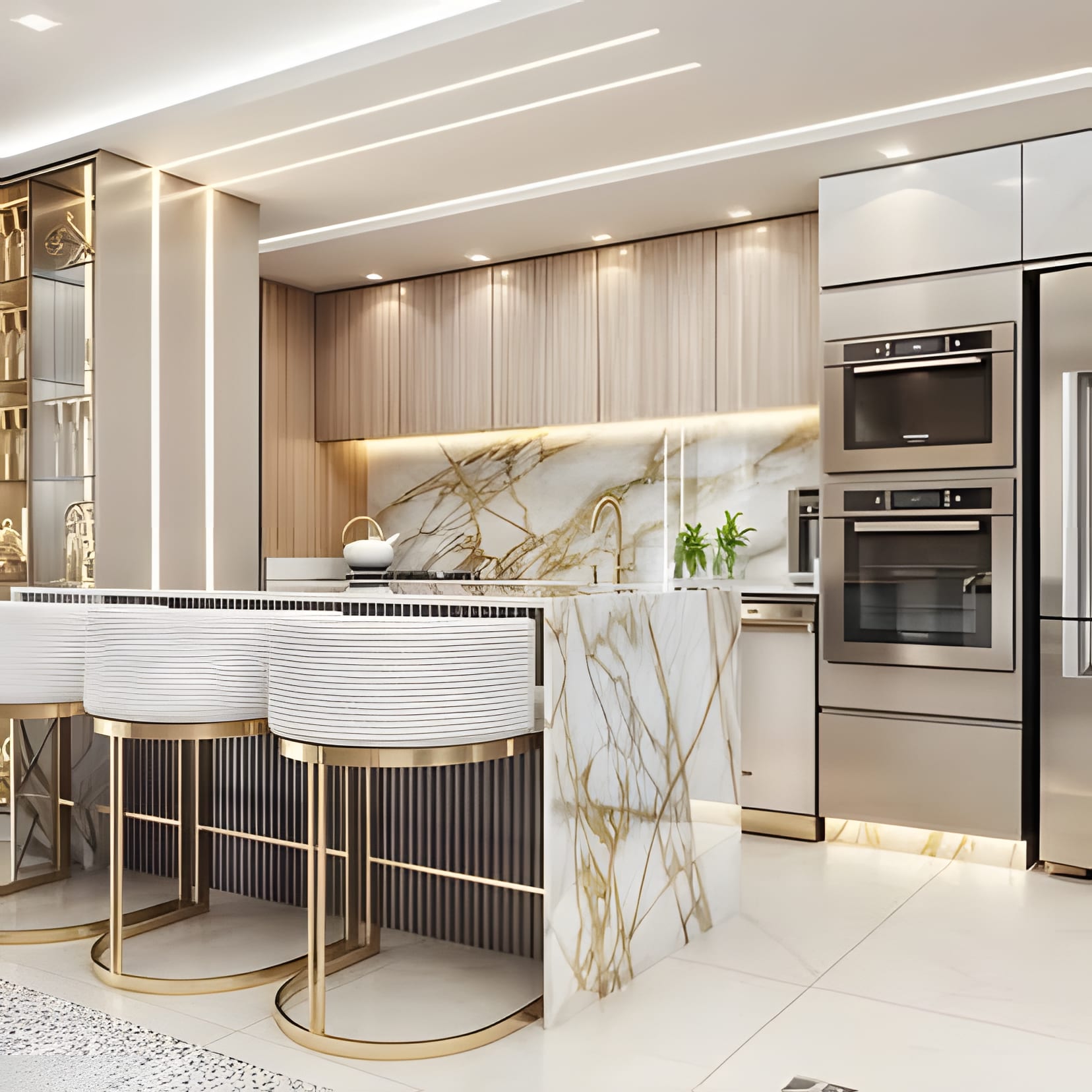 A gold-and-marble kitchen with fluted brass stools at the island — unapologetically dressed up.