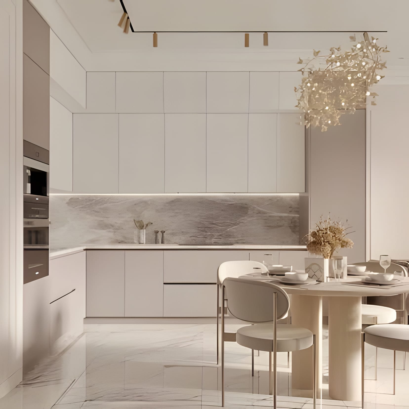 A soft cream open kitchen with a branch-like light over the round dining table.