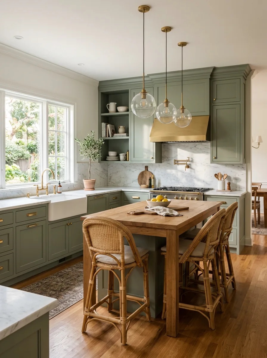 Sage-green cabinetry with a brass canopy hood frames a wood-topped island, rattan stools and clear globe pendants.